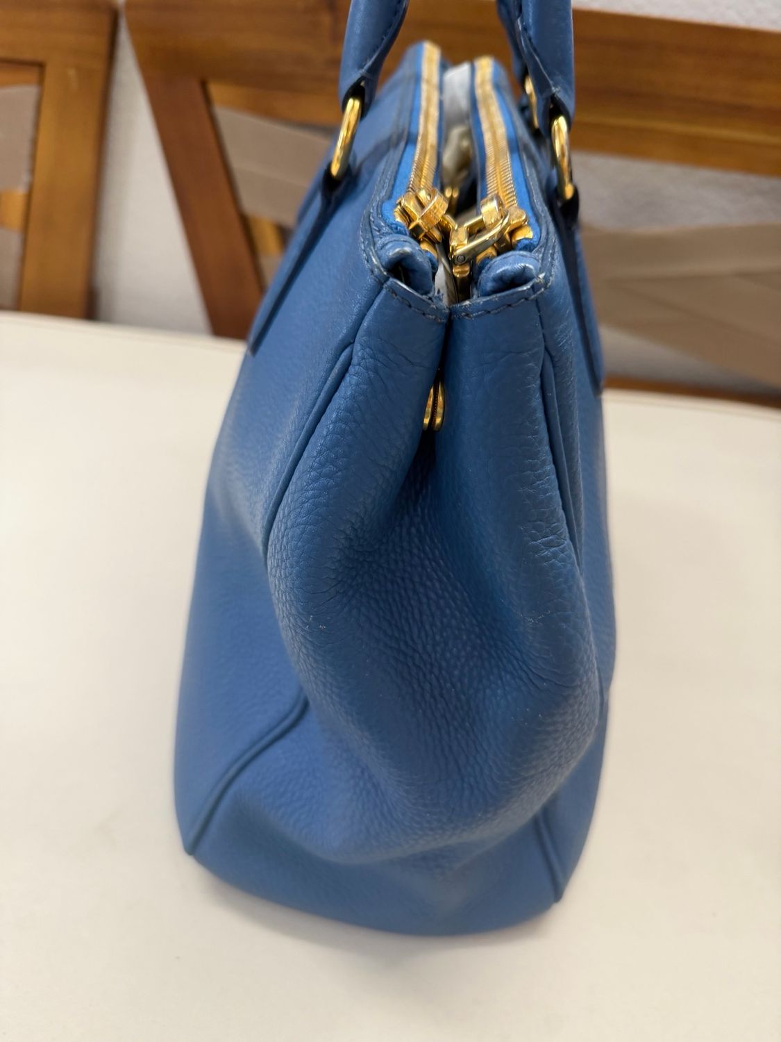 Prada Vitello Daino Pebbled Leather Double Zipper in Blue