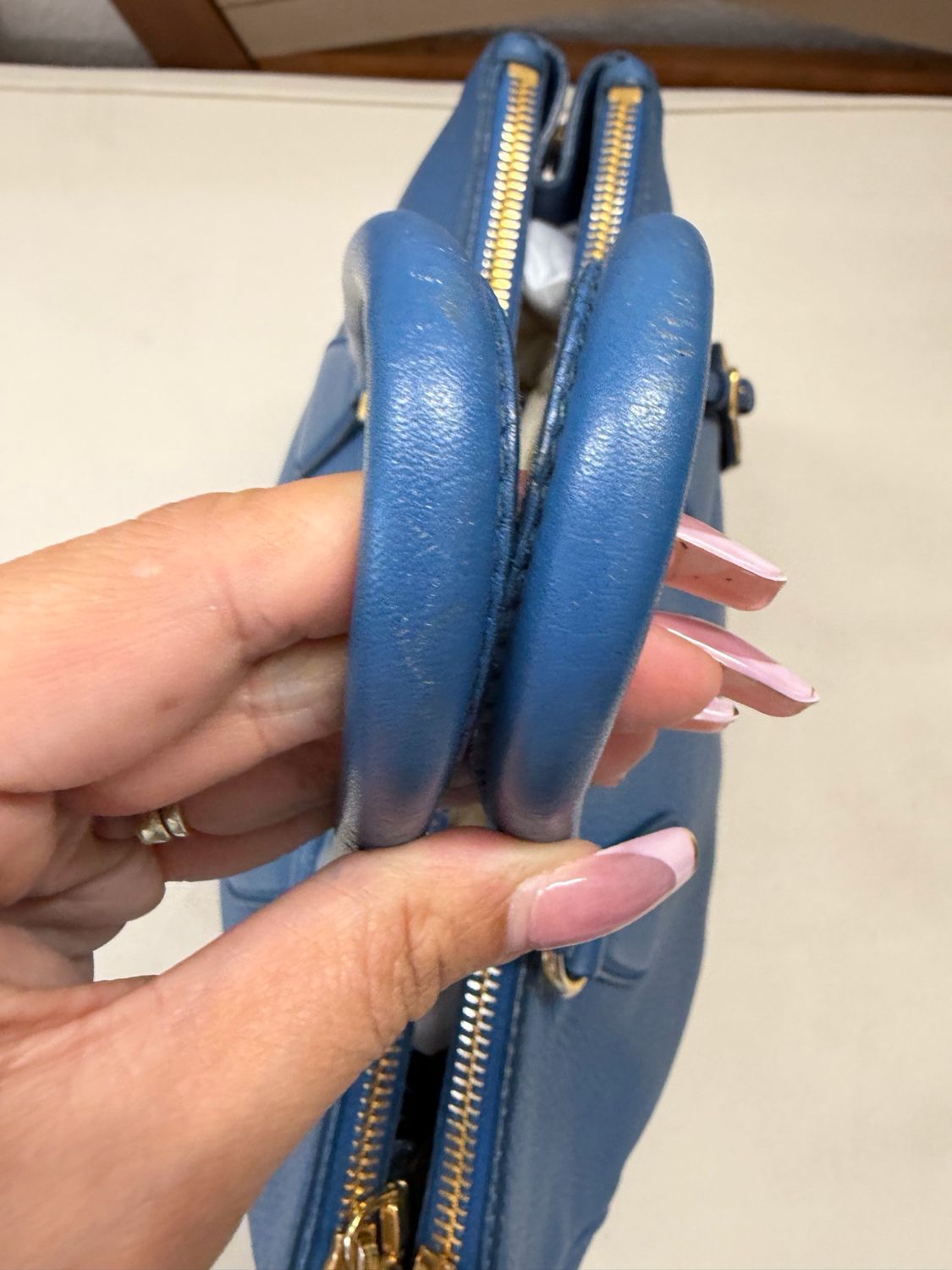 Prada Vitello Daino Pebbled Leather Double Zipper in Blue