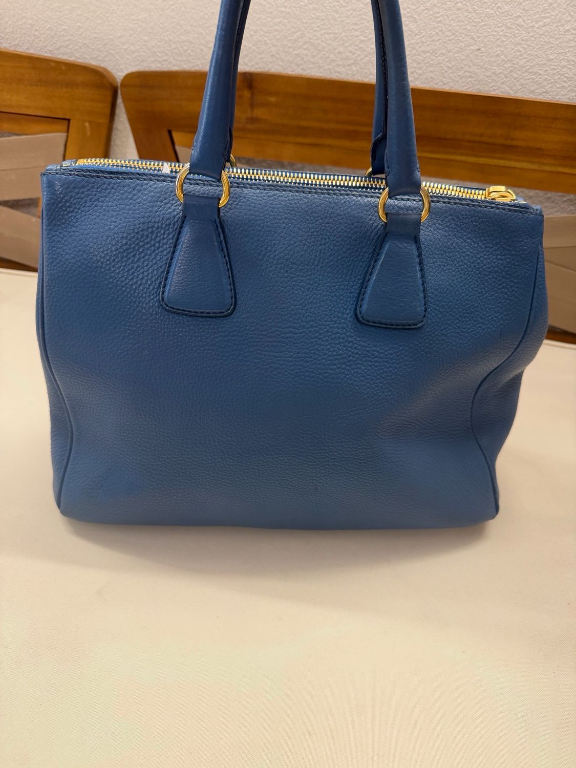 Prada Vitello Daino Pebbled Leather Double Zipper in Blue