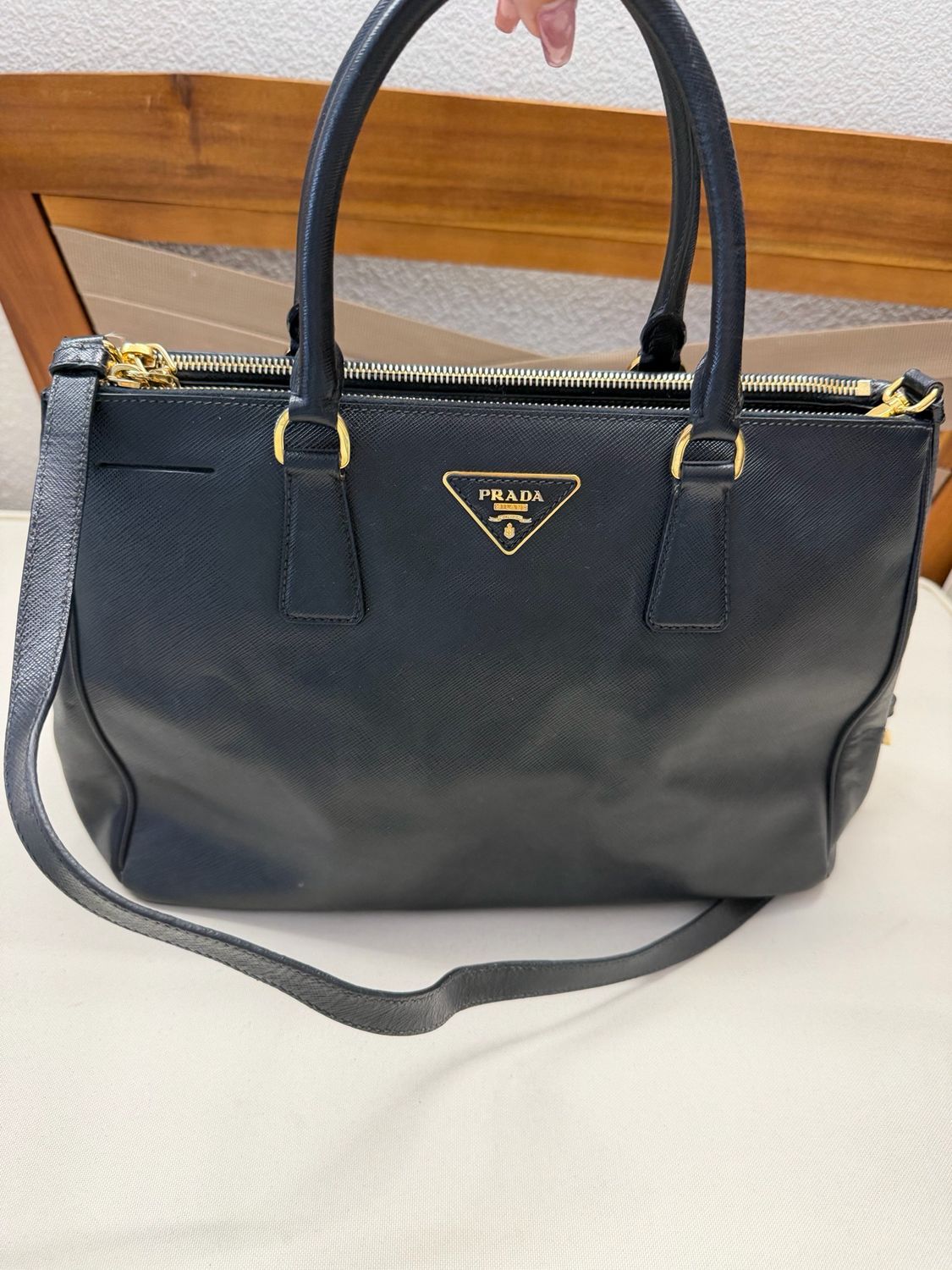 Prada Saffiano Lux Double Zipper Sling Crossbody Small in Black