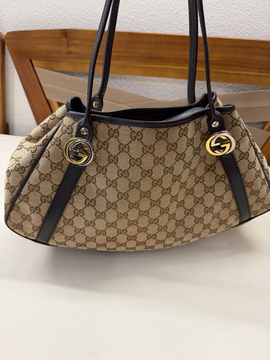 Gucci Monogram Canvas Twins Tote Shoulder Bag in Dark Brown