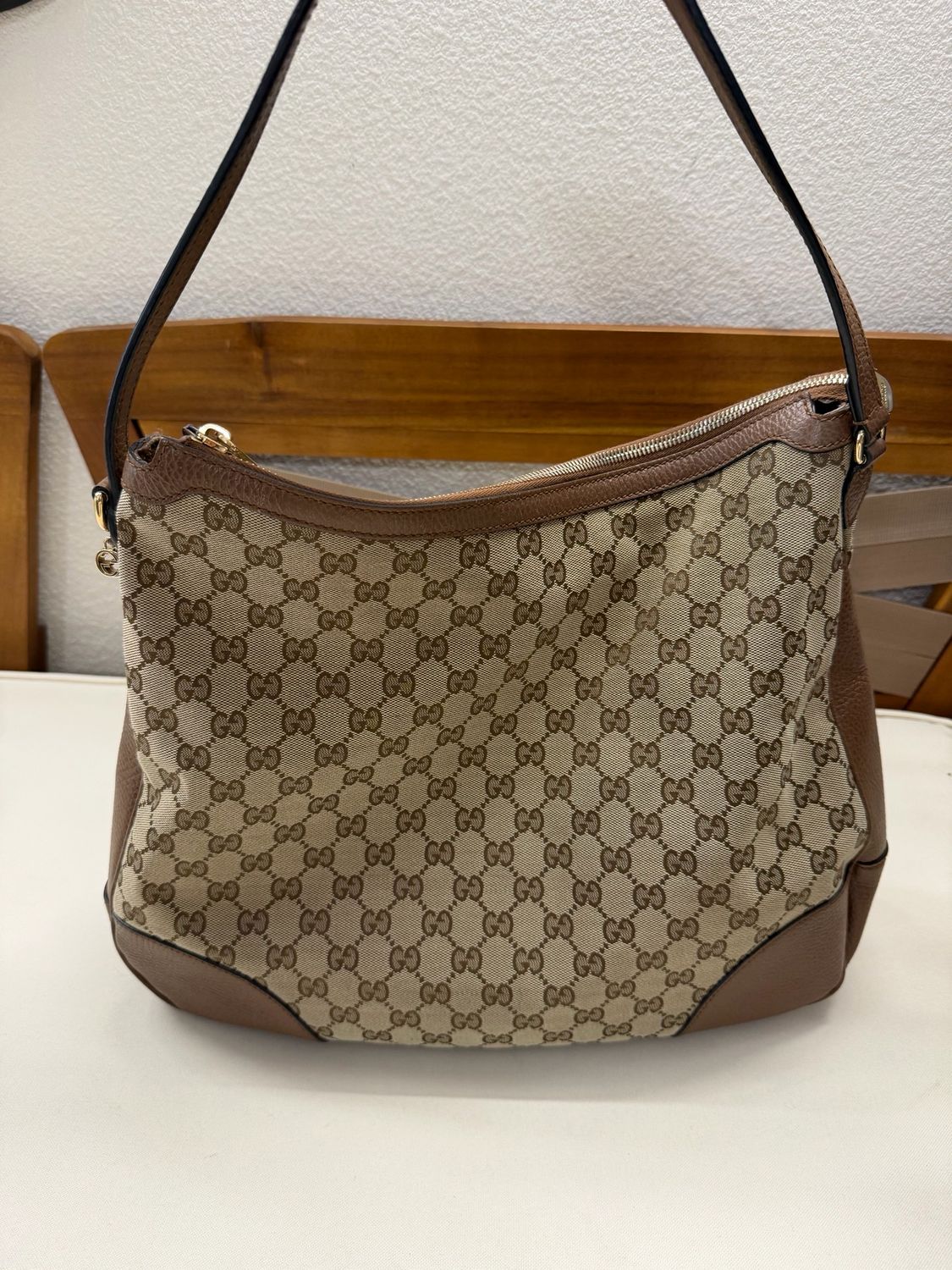 Gucci Monogram Canvas Bree Hobo Zipper Shoulder Bag