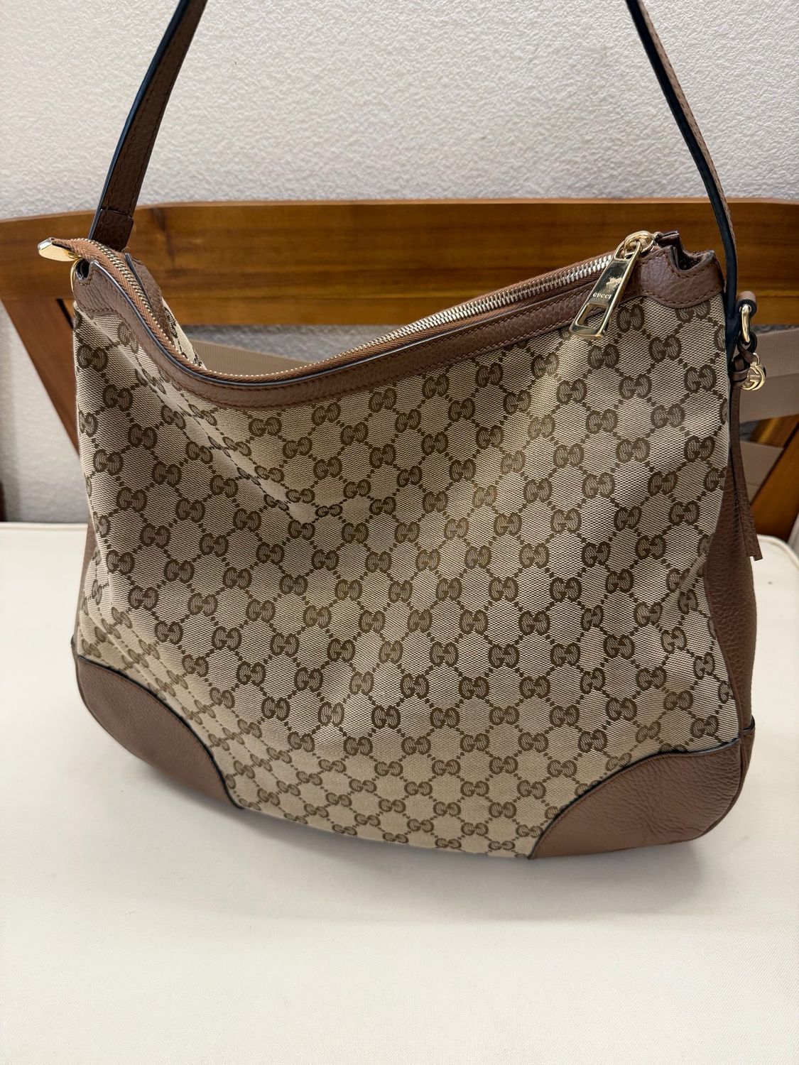 Gucci Monogram Canvas Bree Hobo Zipper Shoulder Bag