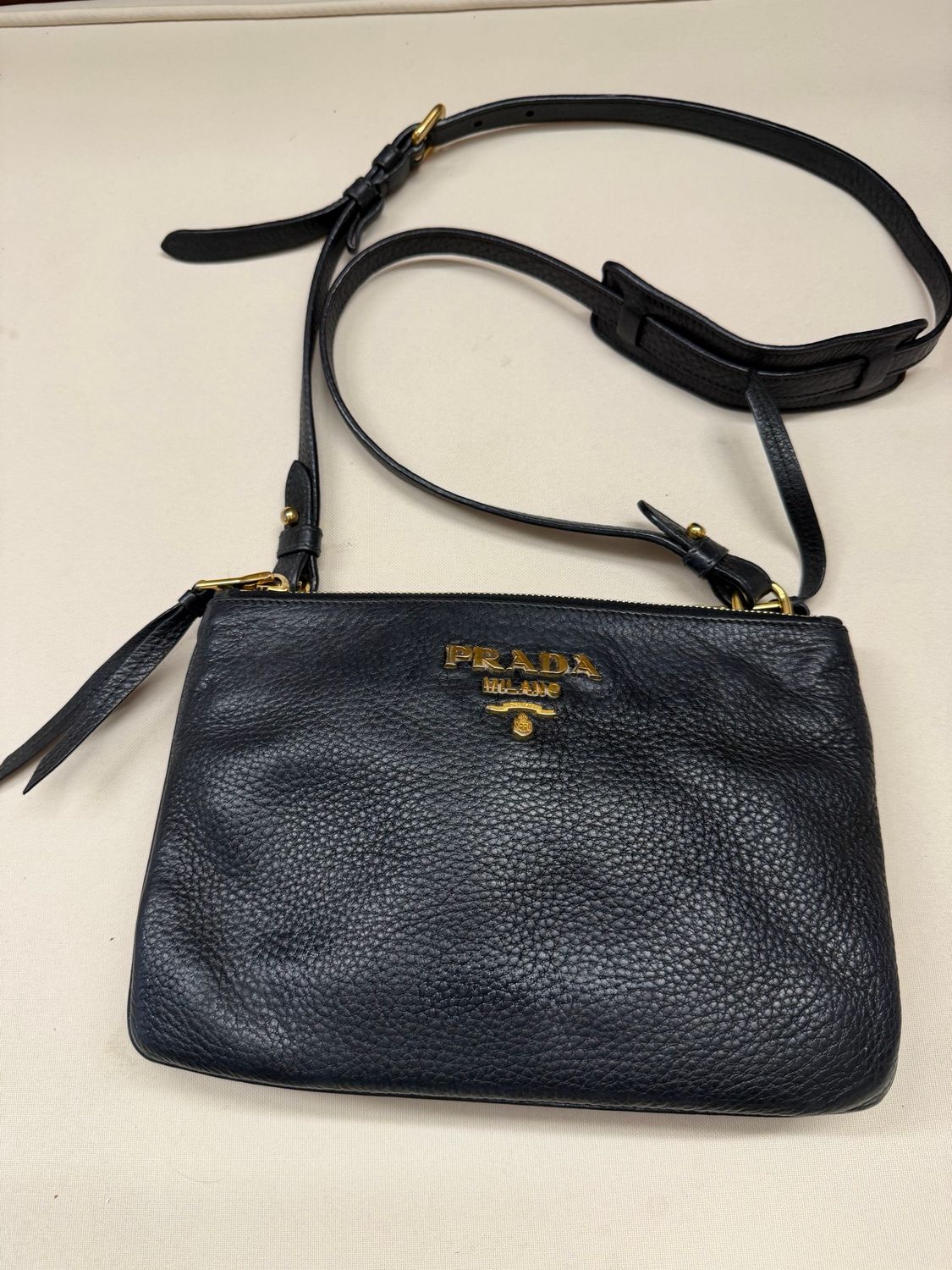 Prada Vitello Daino Leather Double Zipper Messenger Sling