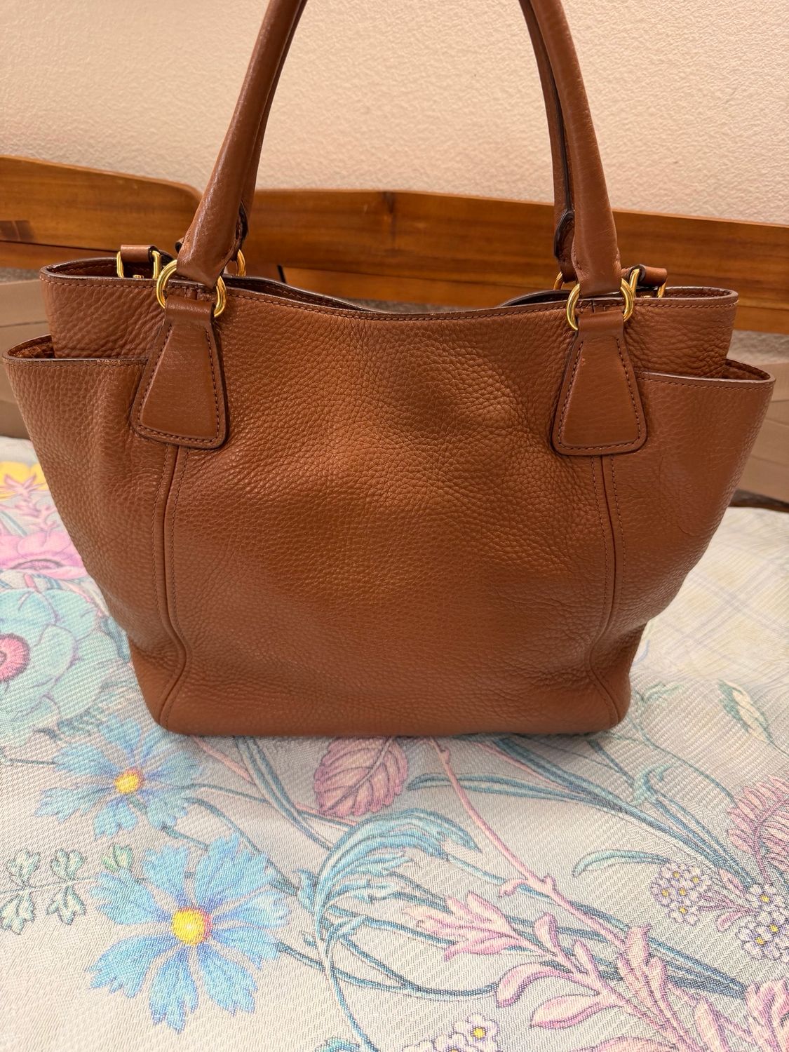 Prada Pebbled Leather Vitello Daino Convertible Tote Messenger in Brown