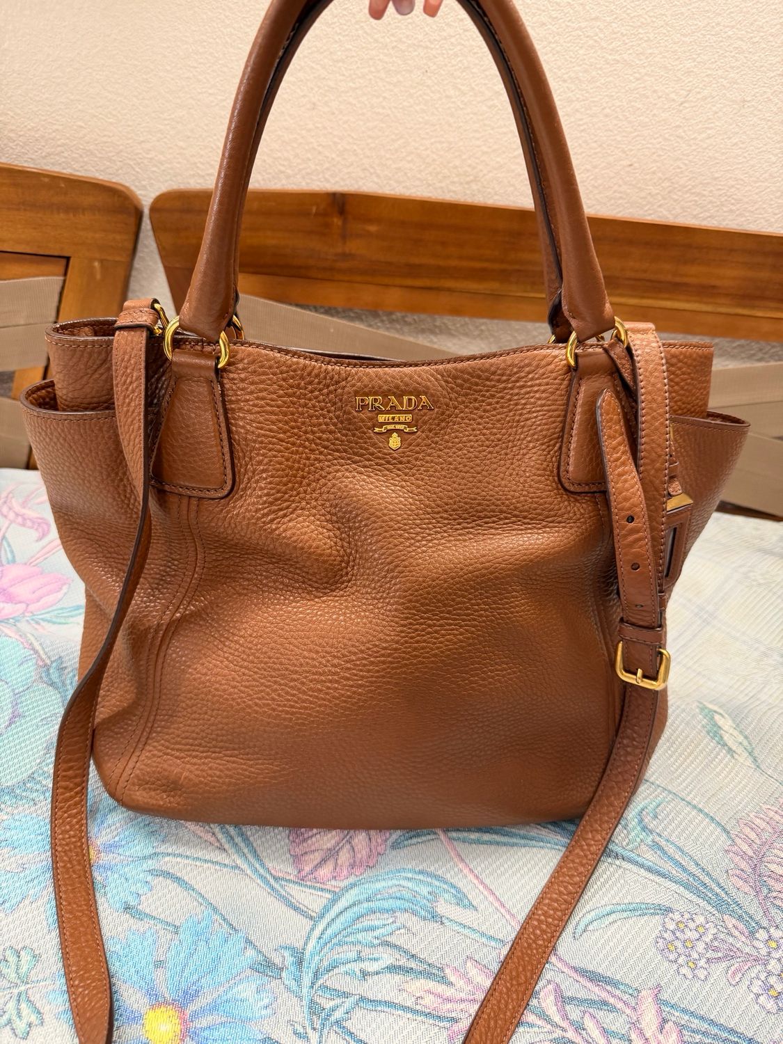 Prada Pebbled Leather Vitello Daino Convertible Tote Messenger in Brown