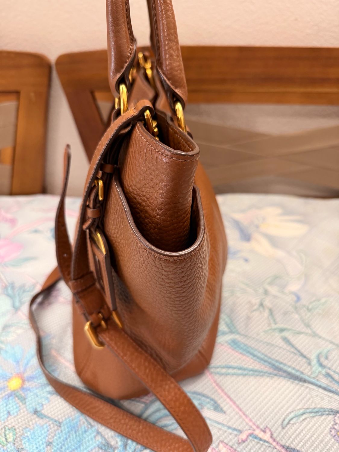 Prada Pebbled Leather Vitello Daino Convertible Tote Messenger in Brown