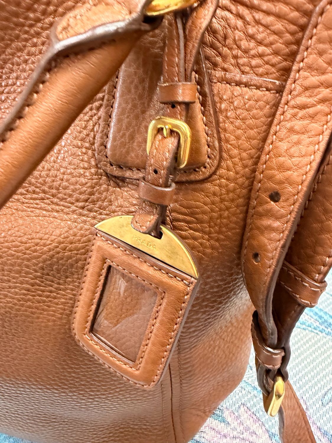 Prada Pebbled Leather Vitello Daino Convertible Tote Messenger in Brown