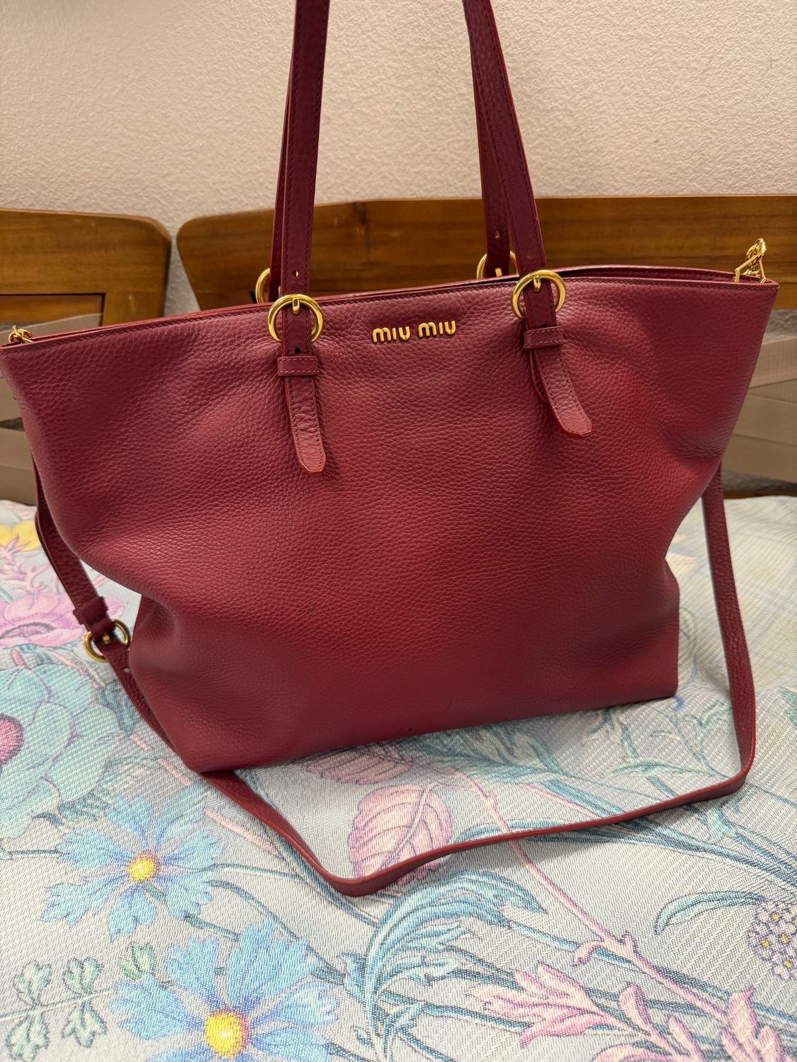 Miu Miu Pebbled Leather Shopper Tote Crossbody Sling 