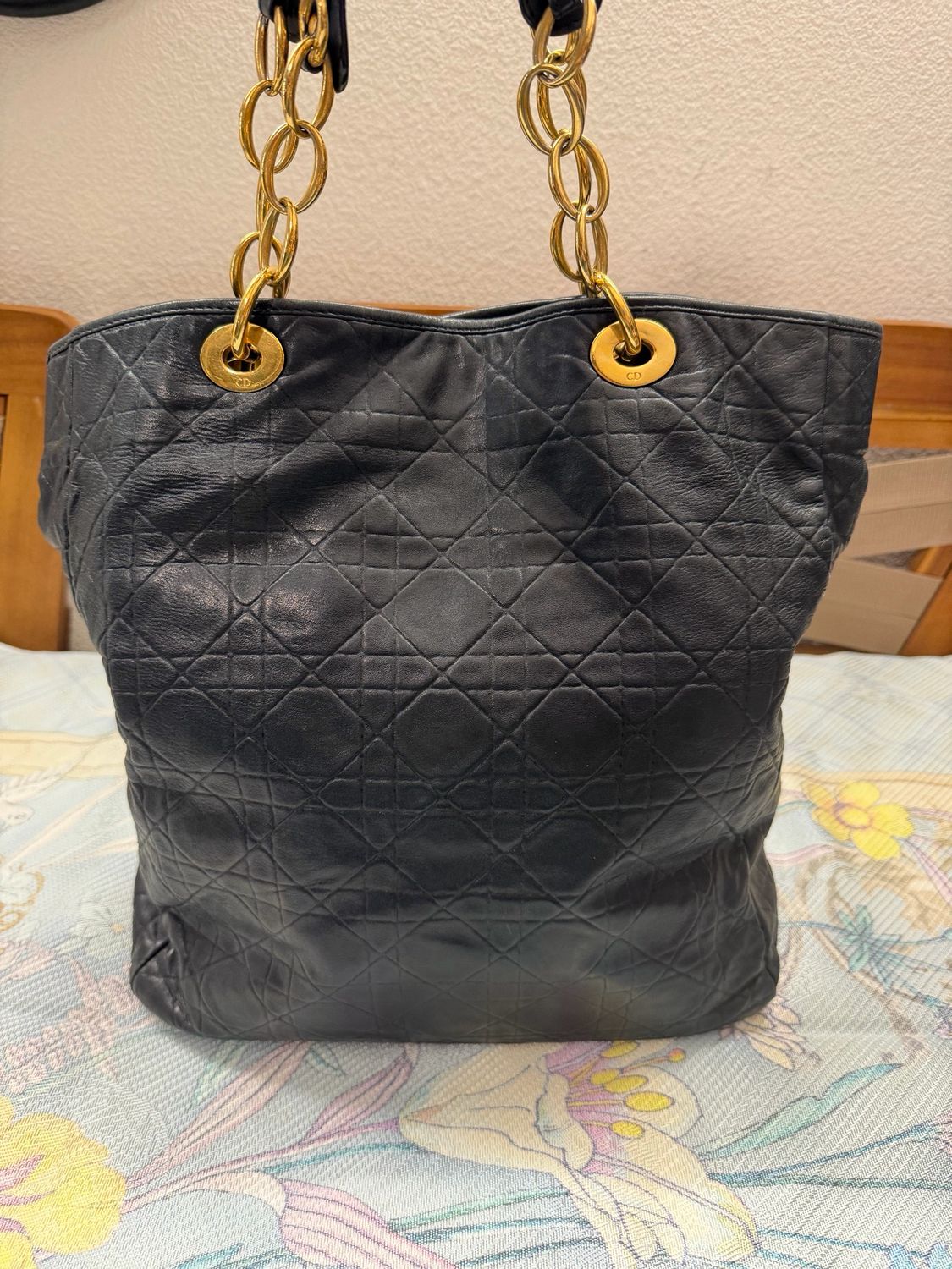 Christian Dior Cannage Quilted Lambskin Tote in Black