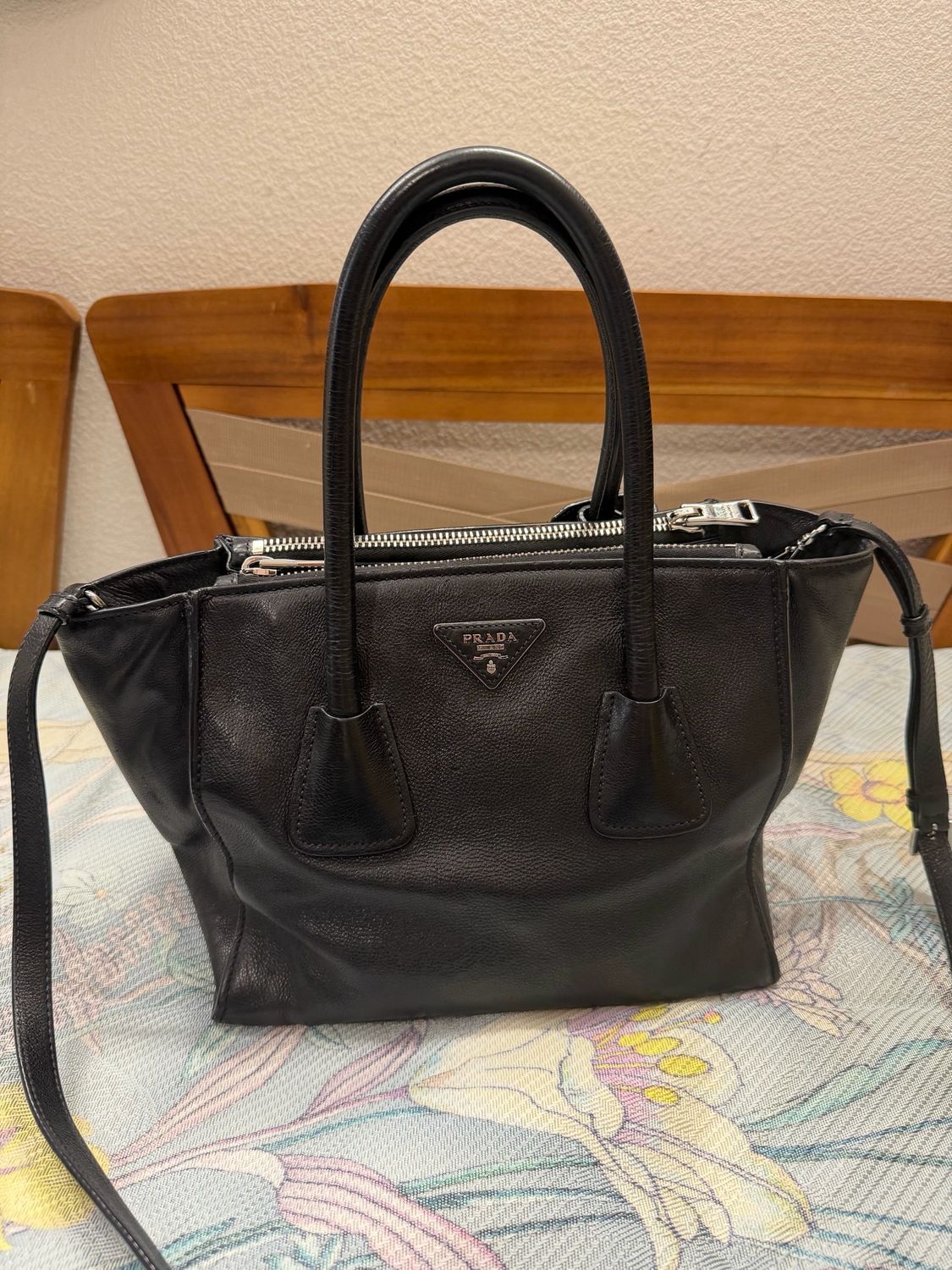 Prada Glace Calfskin Twin Tote Crossbody Sling in Black