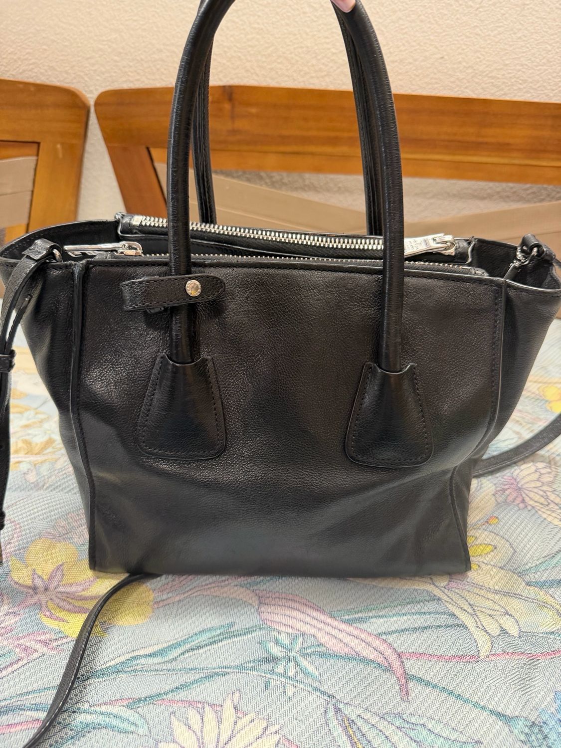 Prada Glace Calfskin Twin Tote Crossbody Sling in Black