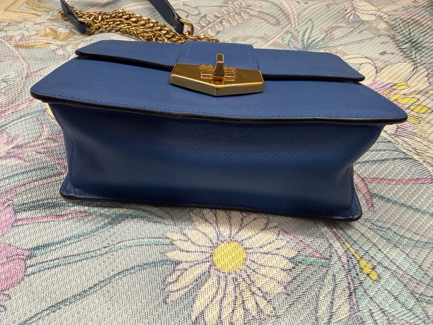 Prada Saffiano Turnlock Flap Messenger Crossbody Blue Chain Strap