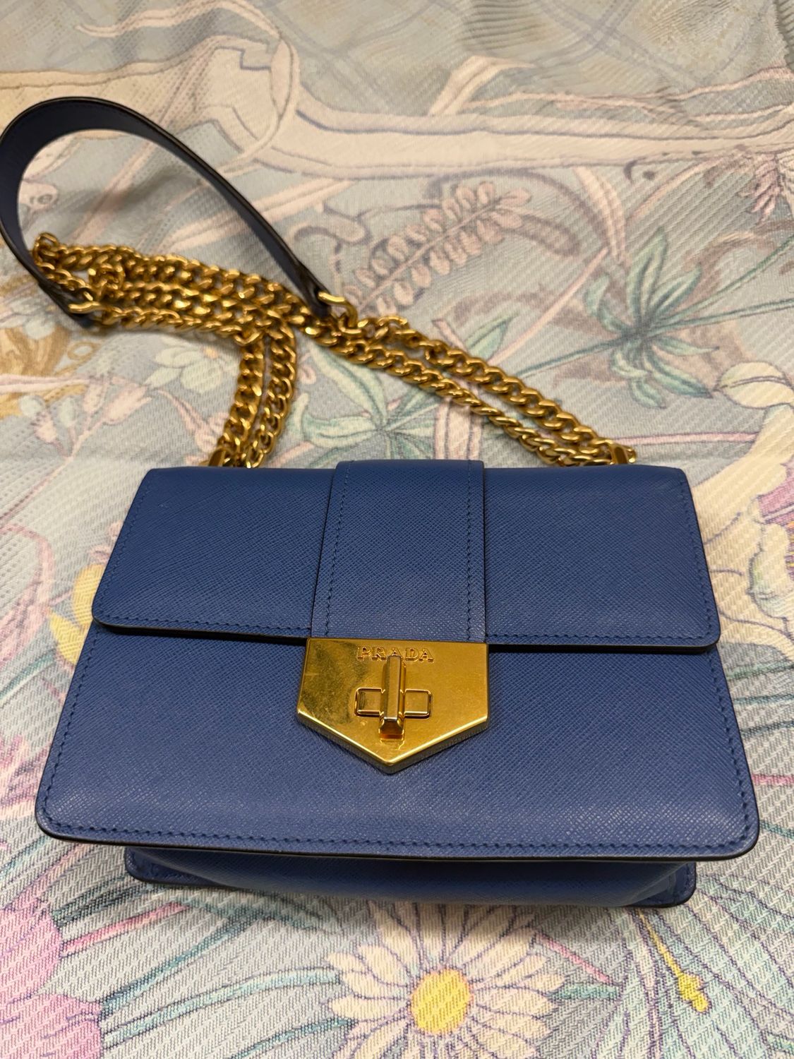 Prada Saffiano Turnlock Flap Messenger Crossbody Blue Chain Strap