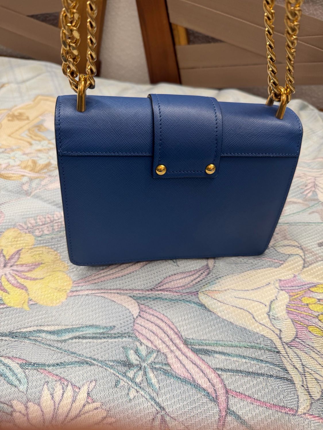 Prada Saffiano Turnlock Flap Messenger Crossbody Blue Chain Strap