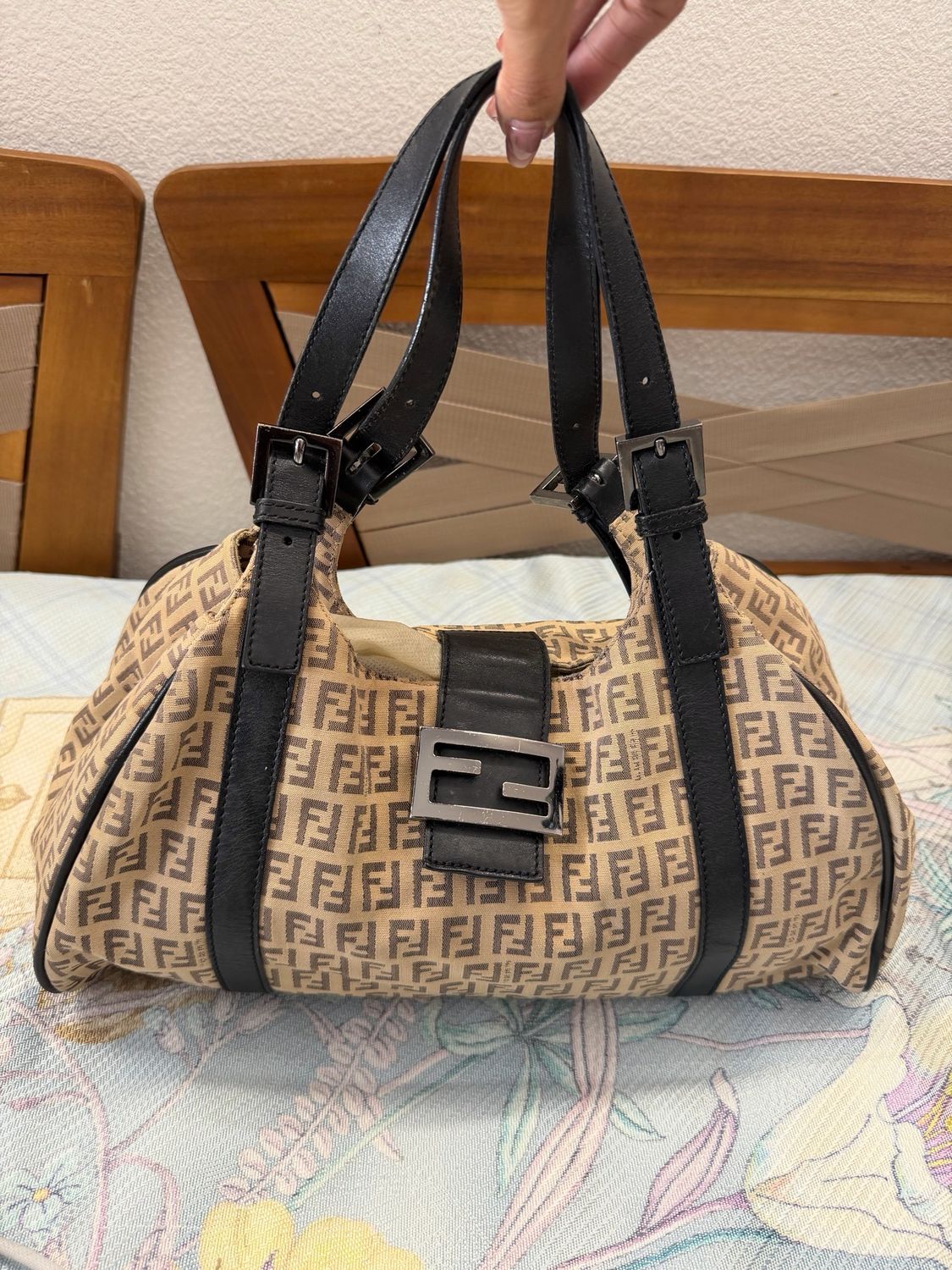 Fendi Zucchino Flap Canvas Vitello Shoulder Bag