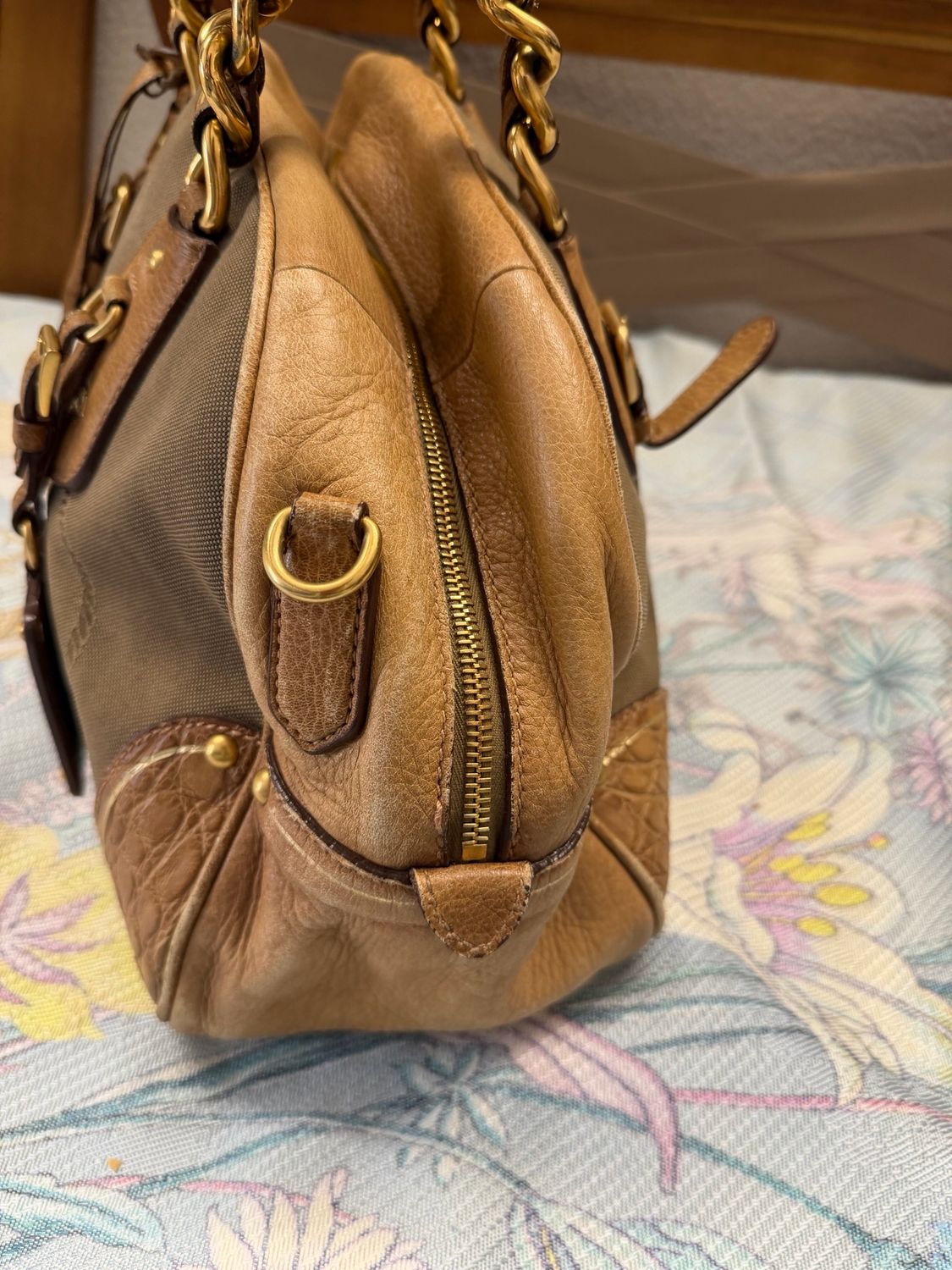 Prada Canvas Jacquard Bowler Tote Leather Trimmed Boston Shoulder Bag in Brown