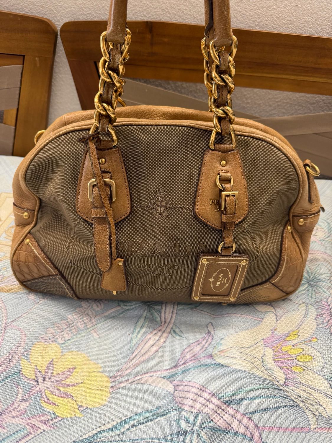 Prada Canvas Jacquard Bowler Tote Leather Trimmed Boston Shoulder Bag in Brown