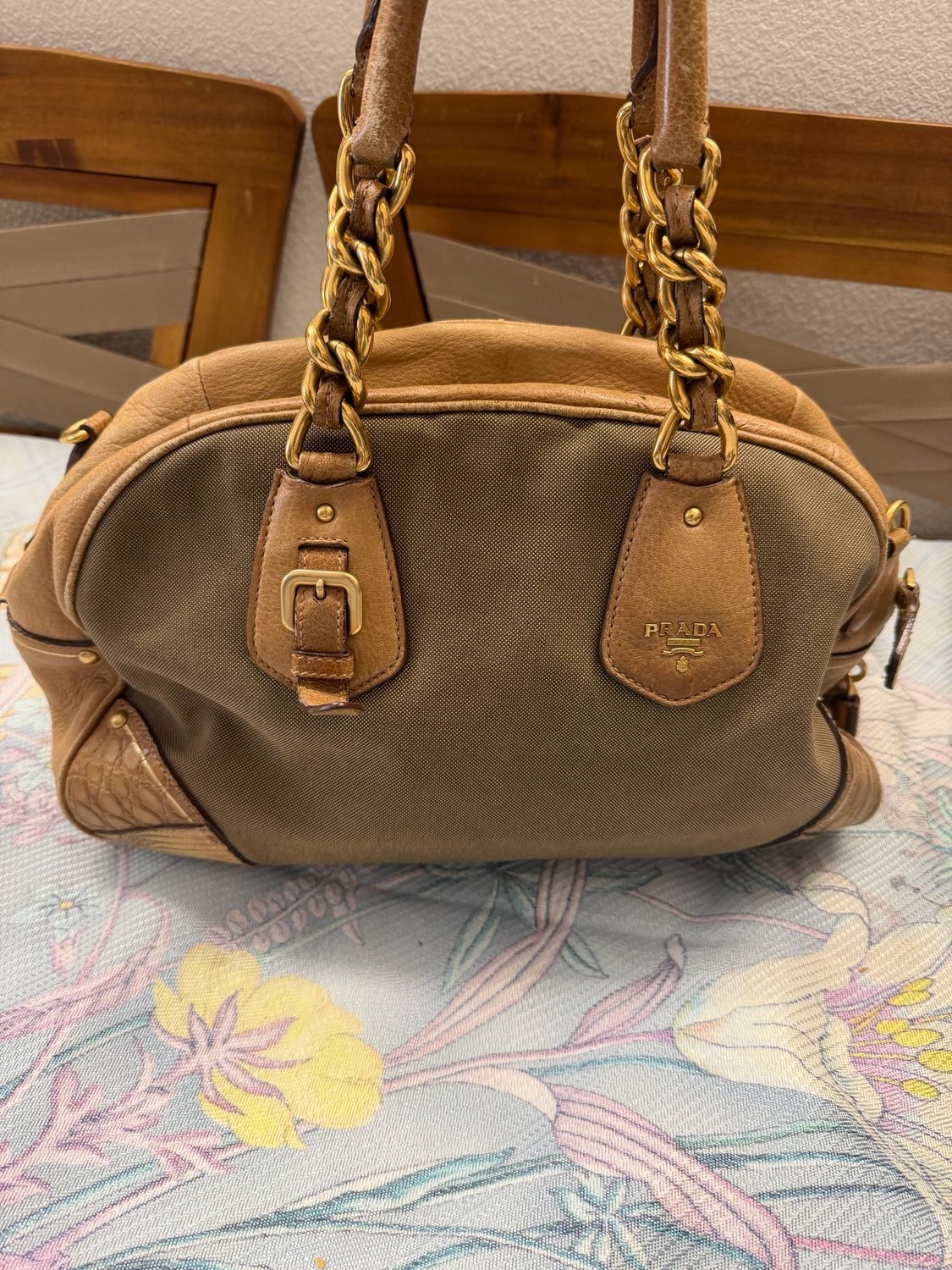 Prada Canvas Jacquard Bowler Tote Leather Trimmed Boston Shoulder Bag in Brown