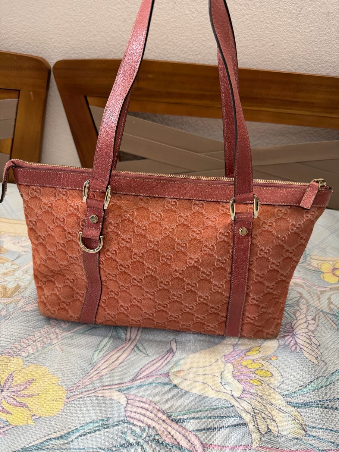 Gucci Monogram Abbey Suede Zipper Tote in Salmon