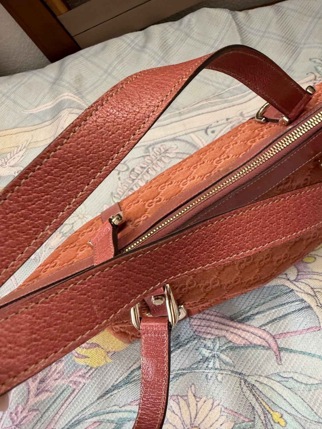 Gucci Monogram Abbey Suede Zipper Tote in Salmon