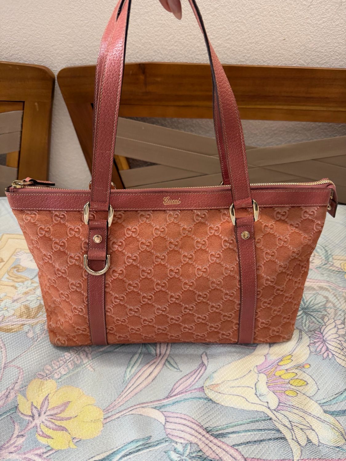 Gucci Monogram Abbey Suede Zipper Tote in Salmon