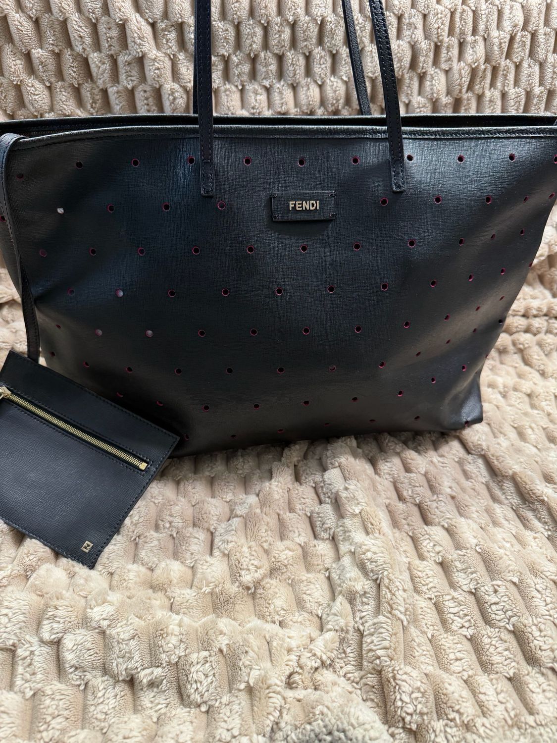Fendi Perforated Roll Zipper Tote Shoulder Bag in Black
