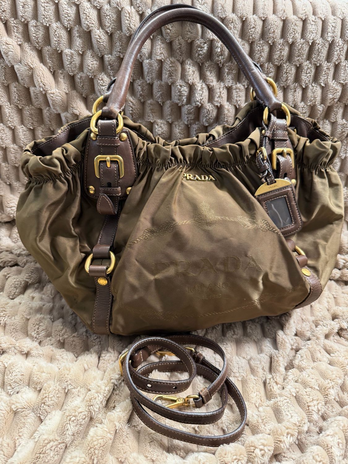 Prada Nylon Tessuto Convertible Crossbody Sling in Olive Green