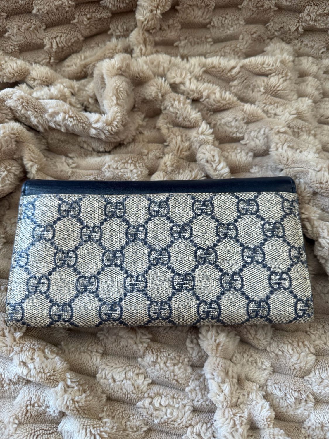 Gucci Supreme Monogram Flap Wallet in Navy Blue
