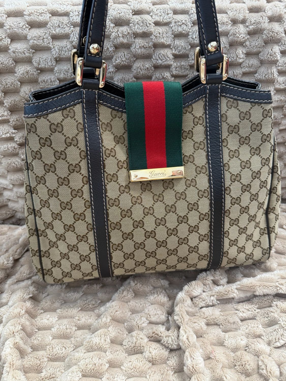 Gucci Monogram Canvas New Ladies Web Tote Shoulder Bag