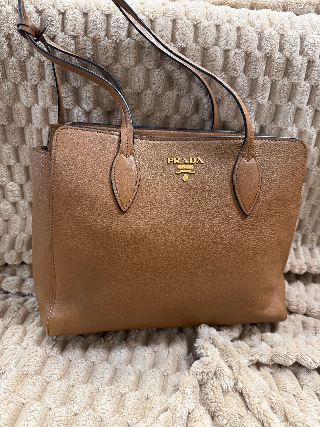 Prada Vitello Daino Pebbled Leather Tote in Caramel