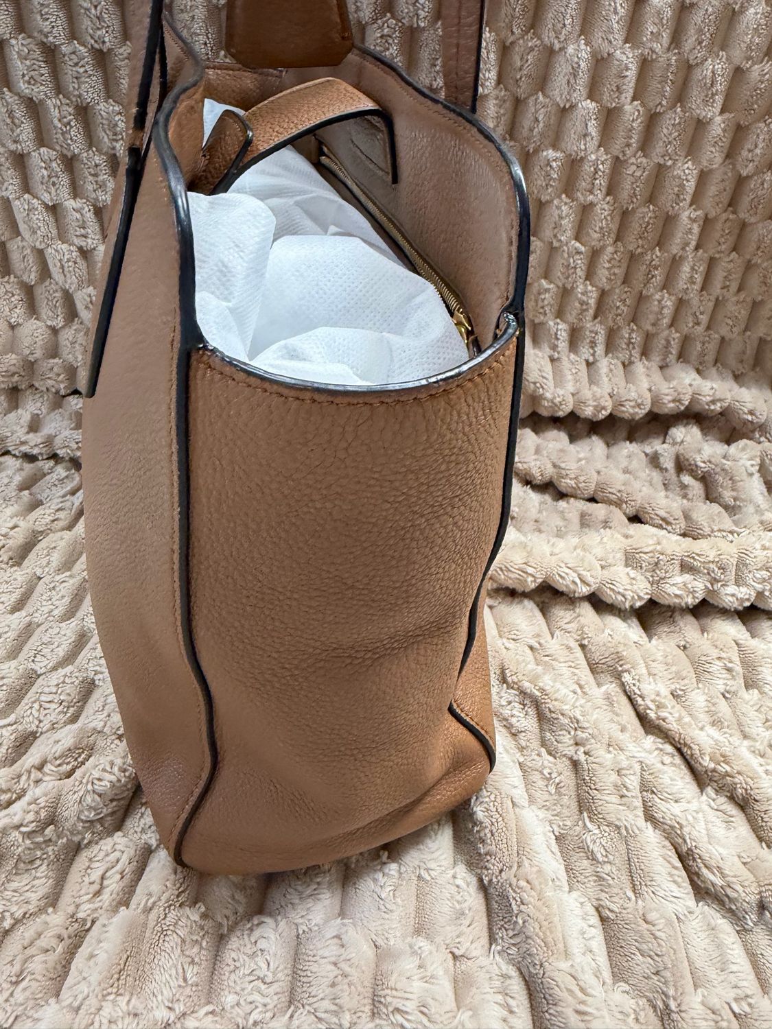 Prada Vitello Daino Pebbled Leather Tote in Caramel