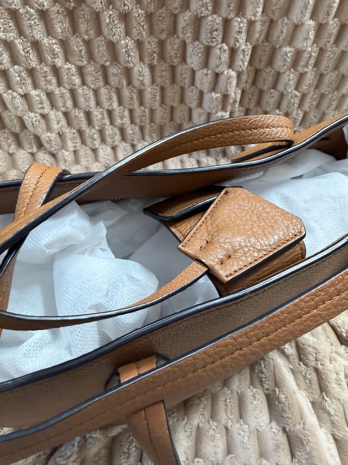 Prada Vitello Daino Pebbled Leather Tote in Caramel