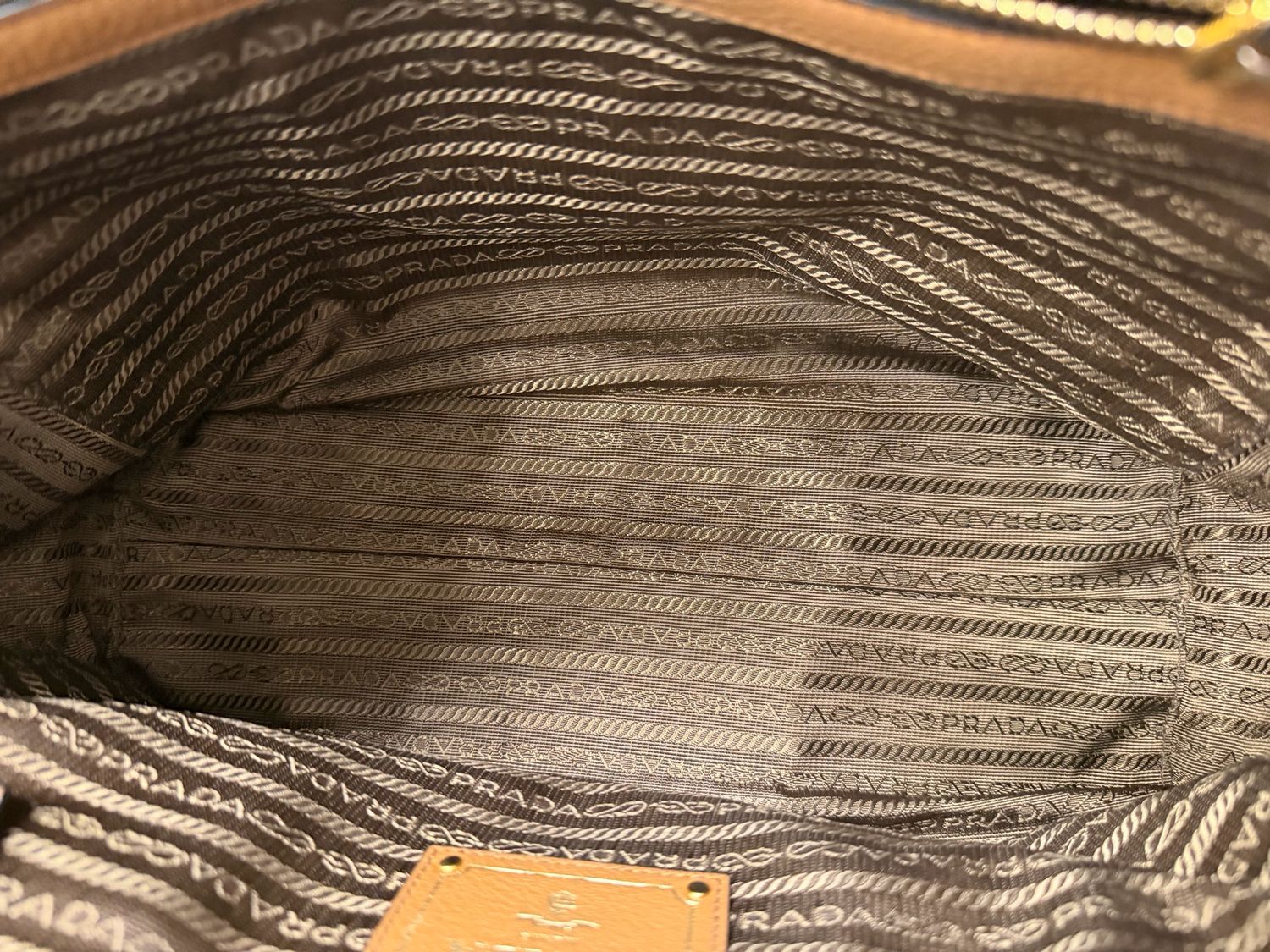 Prada Vitello Daino Pebbled Leather Tote in Caramel