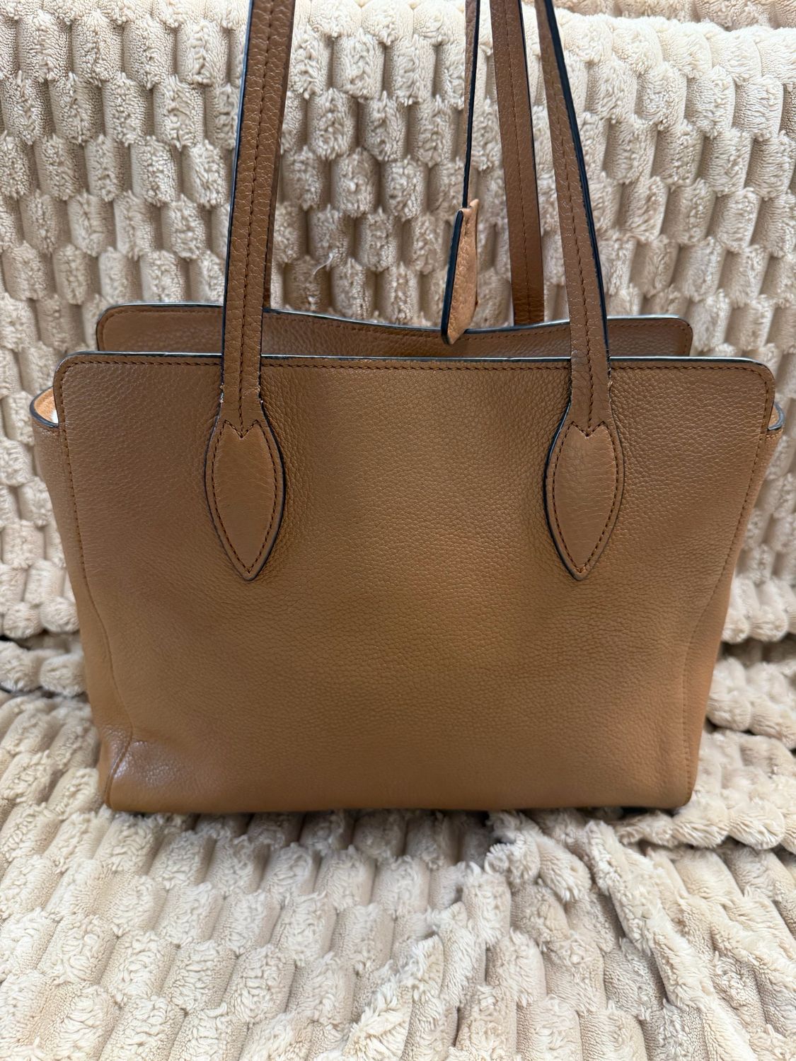 Prada Vitello Daino Pebbled Leather Tote in Caramel