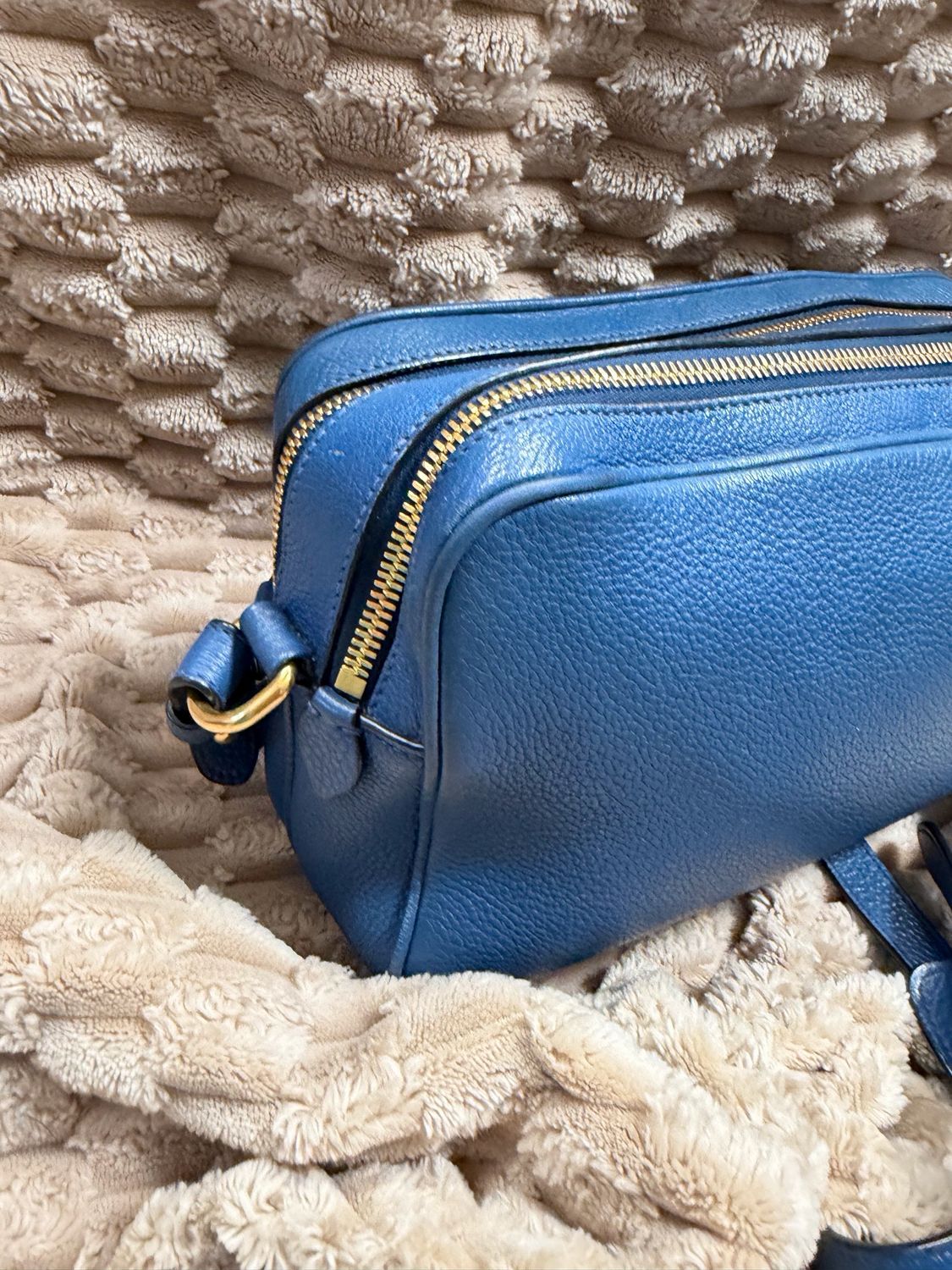 Prada Vitello Daino Camera Bag Double Zipper in Blue