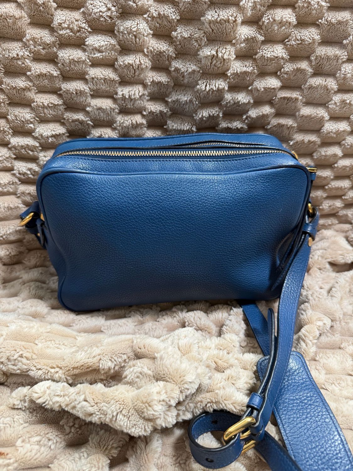Prada Vitello Daino Camera Bag Double Zipper in Blue