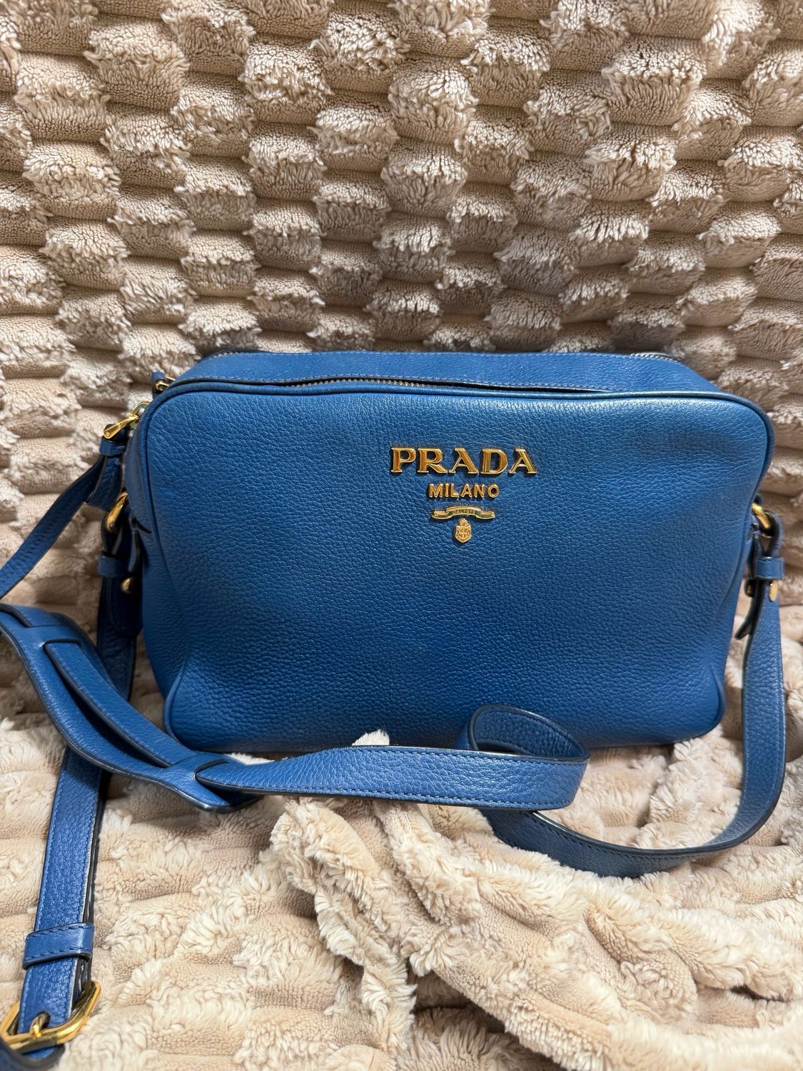 Prada Vitello Daino Camera Bag Double Zipper in Blue