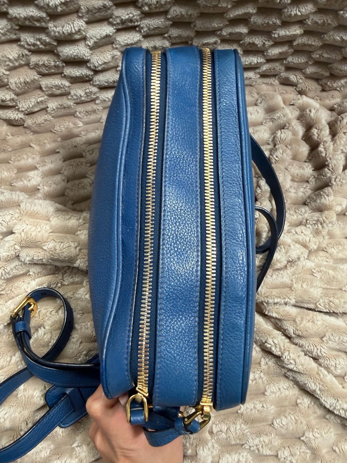 Prada Vitello Daino Camera Bag Double Zipper in Blue