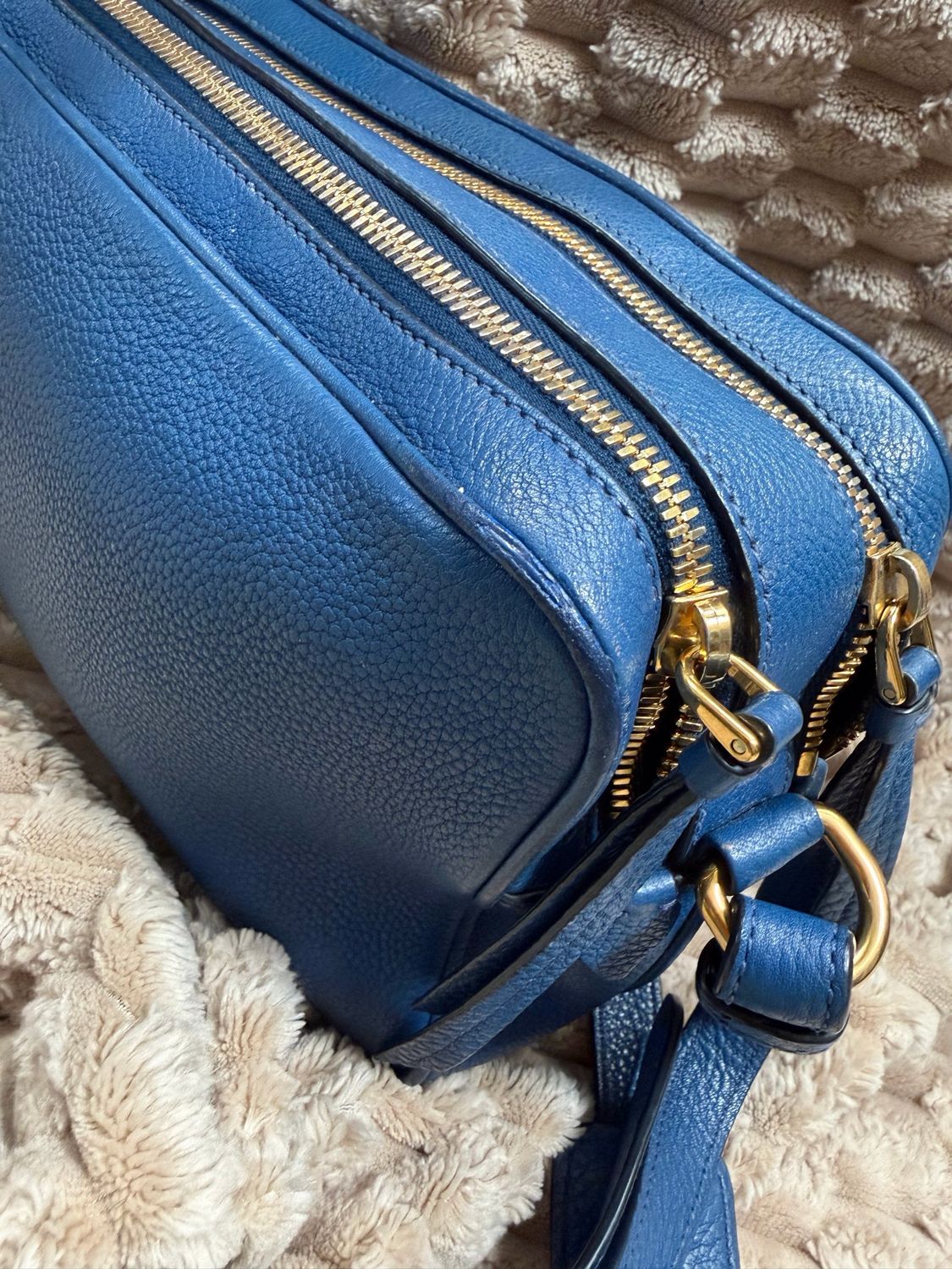 Prada Vitello Daino Camera Bag Double Zipper in Blue