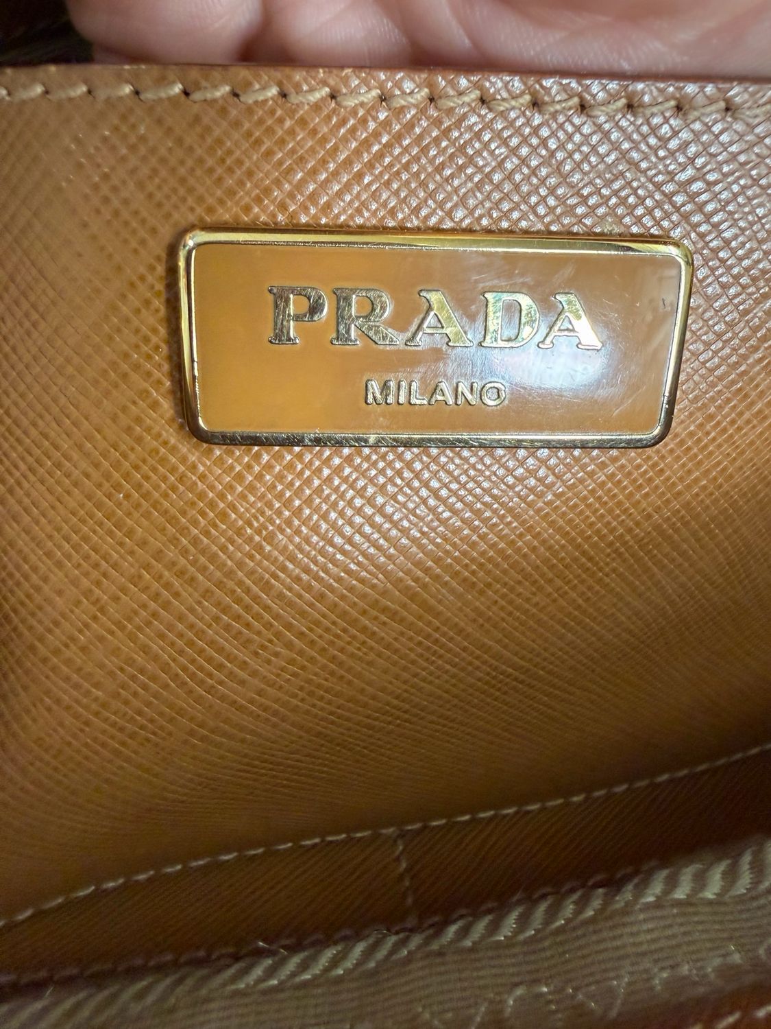 Prada Saffiano Front Pocket Double Zipper Crossbody Sling in Camel
