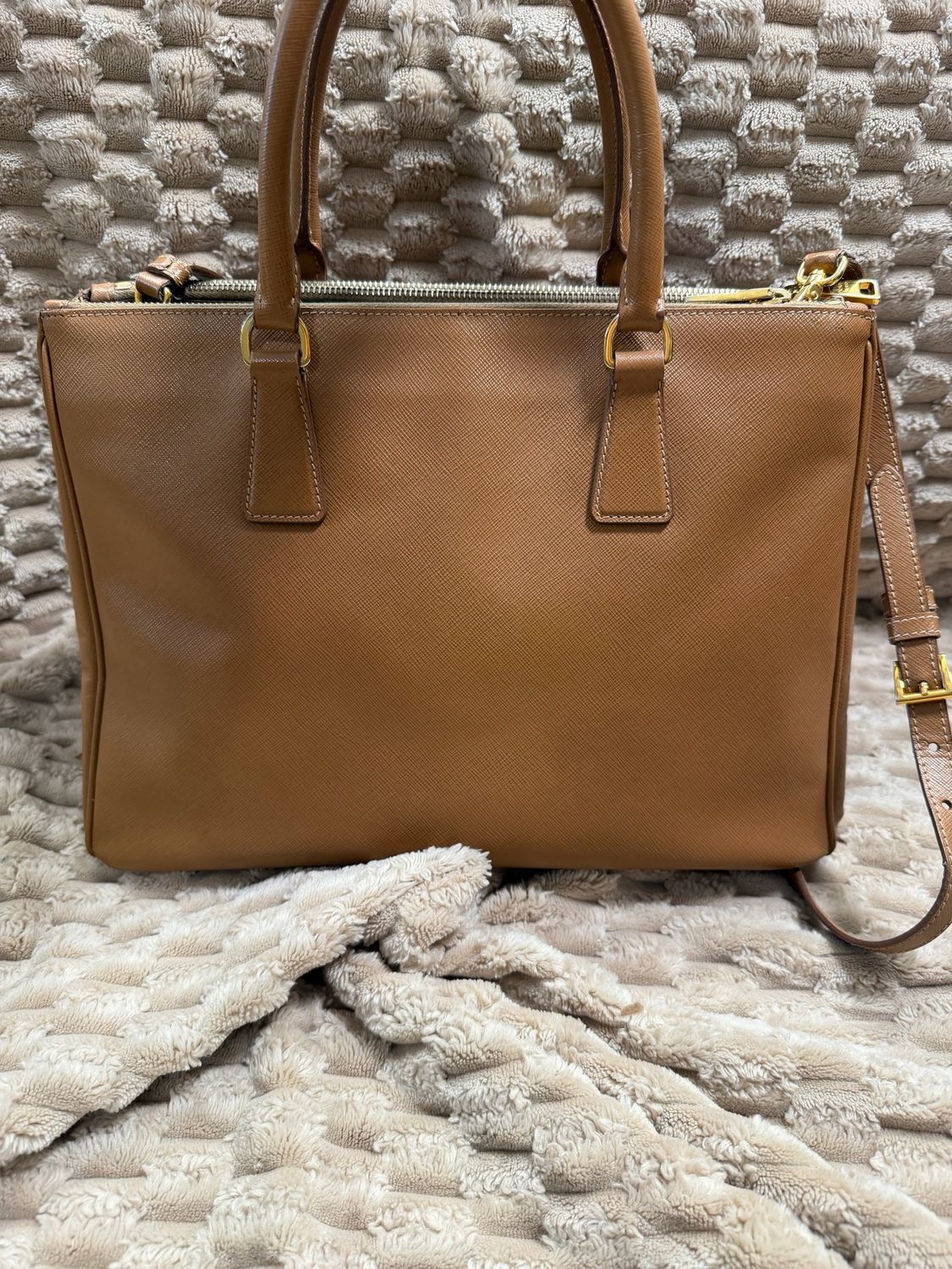Prada Saffiano Front Pocket Double Zipper Crossbody Sling in Camel