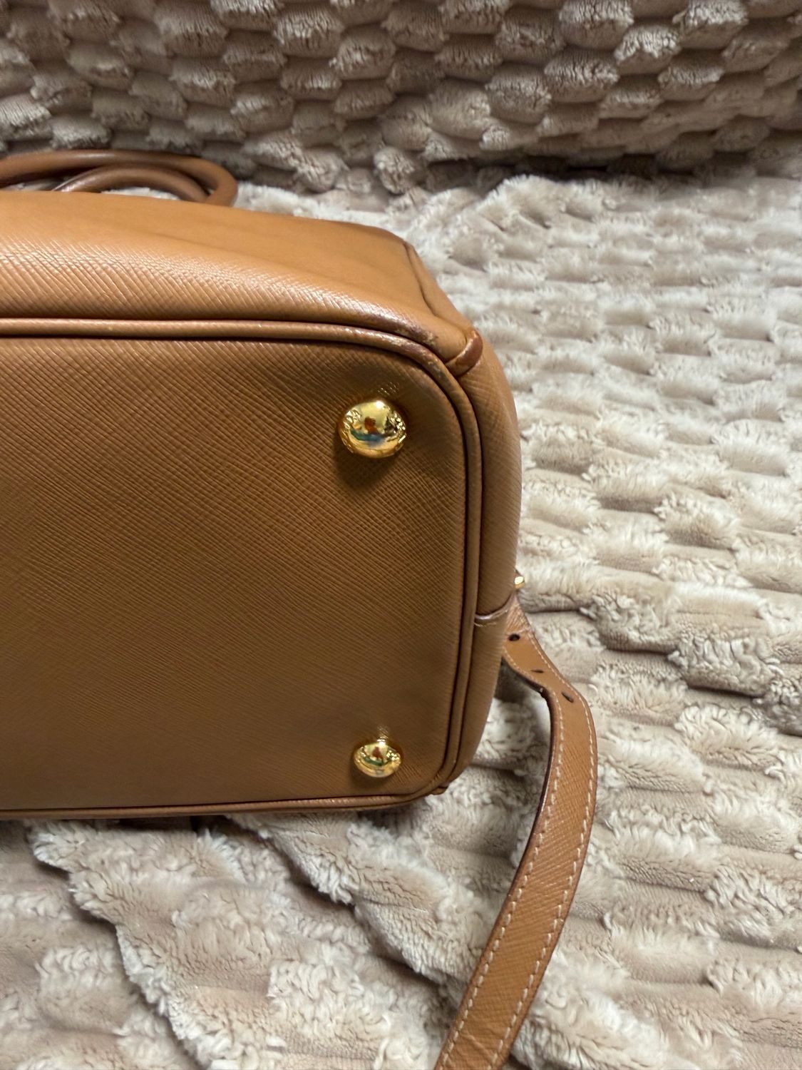 Prada Saffiano Front Pocket Double Zipper Crossbody Sling in Camel