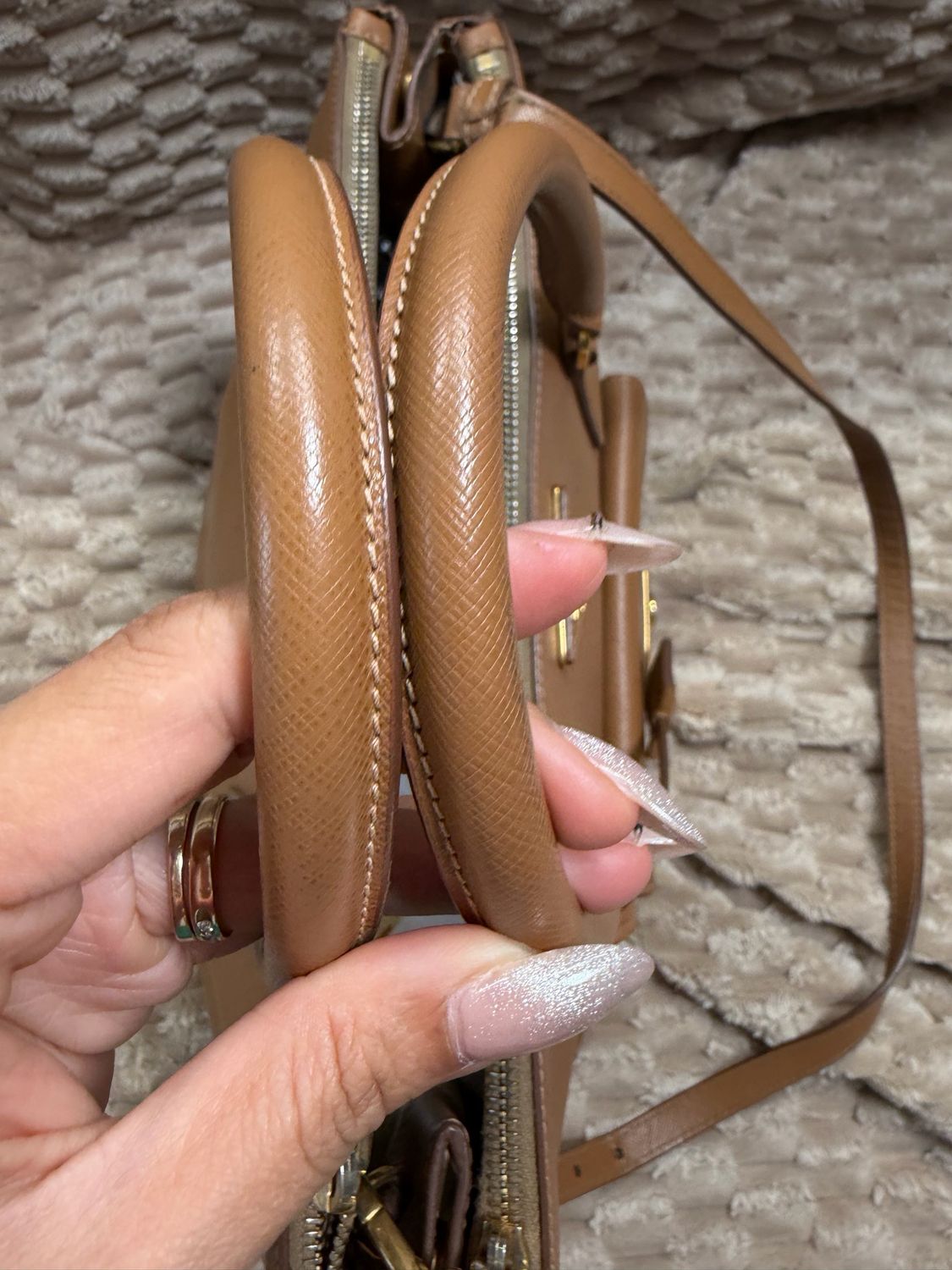 Prada Saffiano Front Pocket Double Zipper Crossbody Sling in Camel