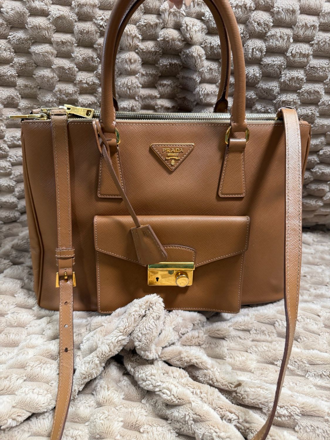 Prada Saffiano Front Pocket Double Zipper Crossbody Sling in Camel