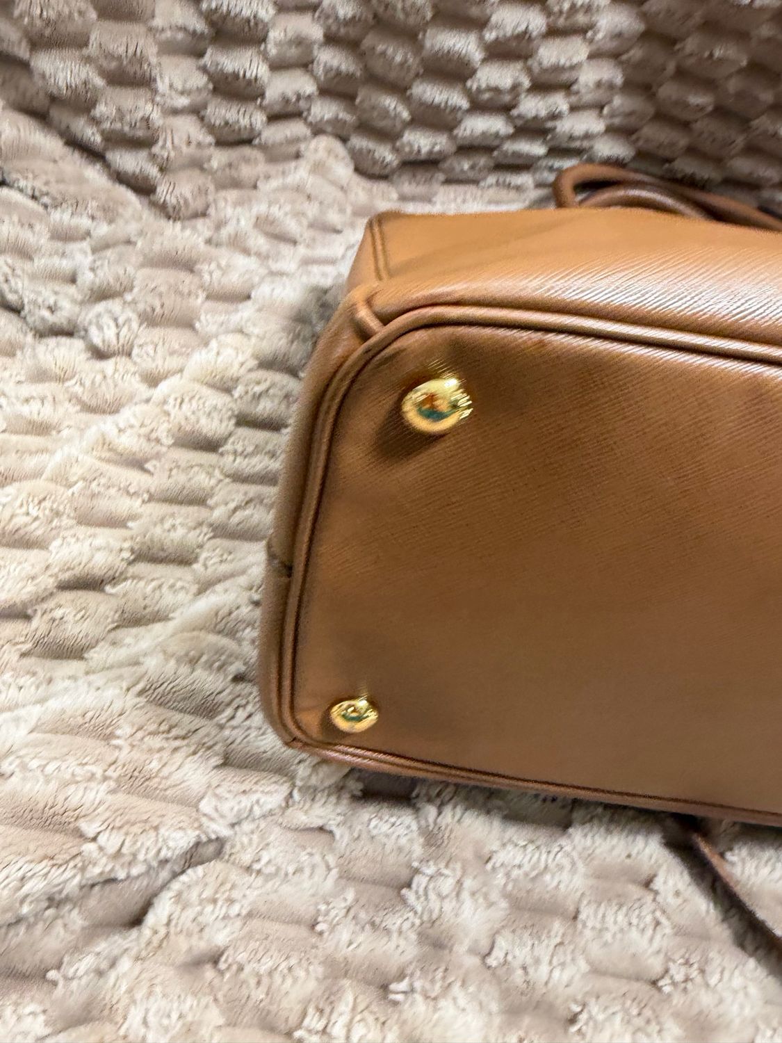 Prada Saffiano Front Pocket Double Zipper Crossbody Sling in Camel