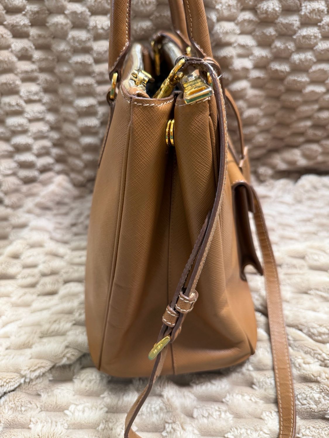 Prada Saffiano Front Pocket Double Zipper Crossbody Sling in Camel