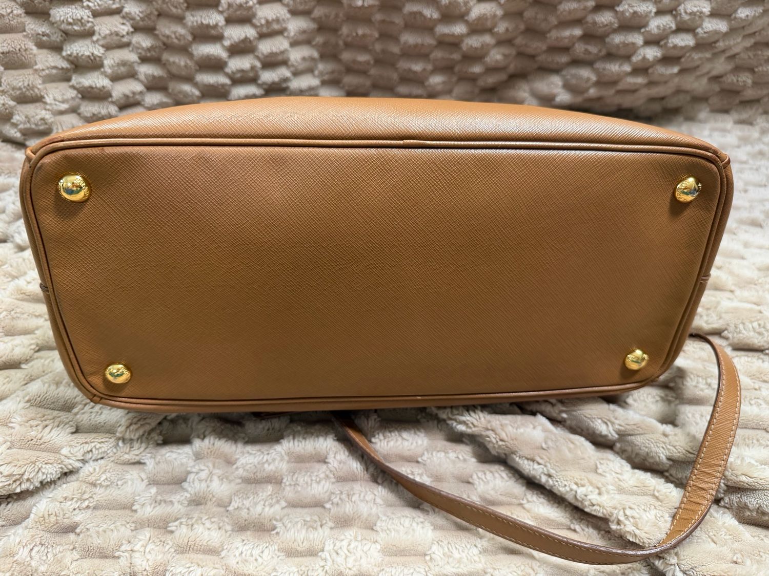 Prada Saffiano Front Pocket Double Zipper Crossbody Sling in Camel