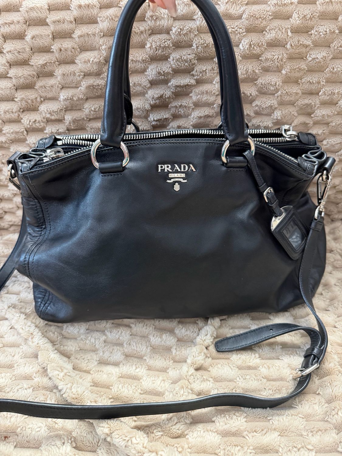 Prada Soft Calfskin Convertible Double Zipper Crossbody Sling in Black