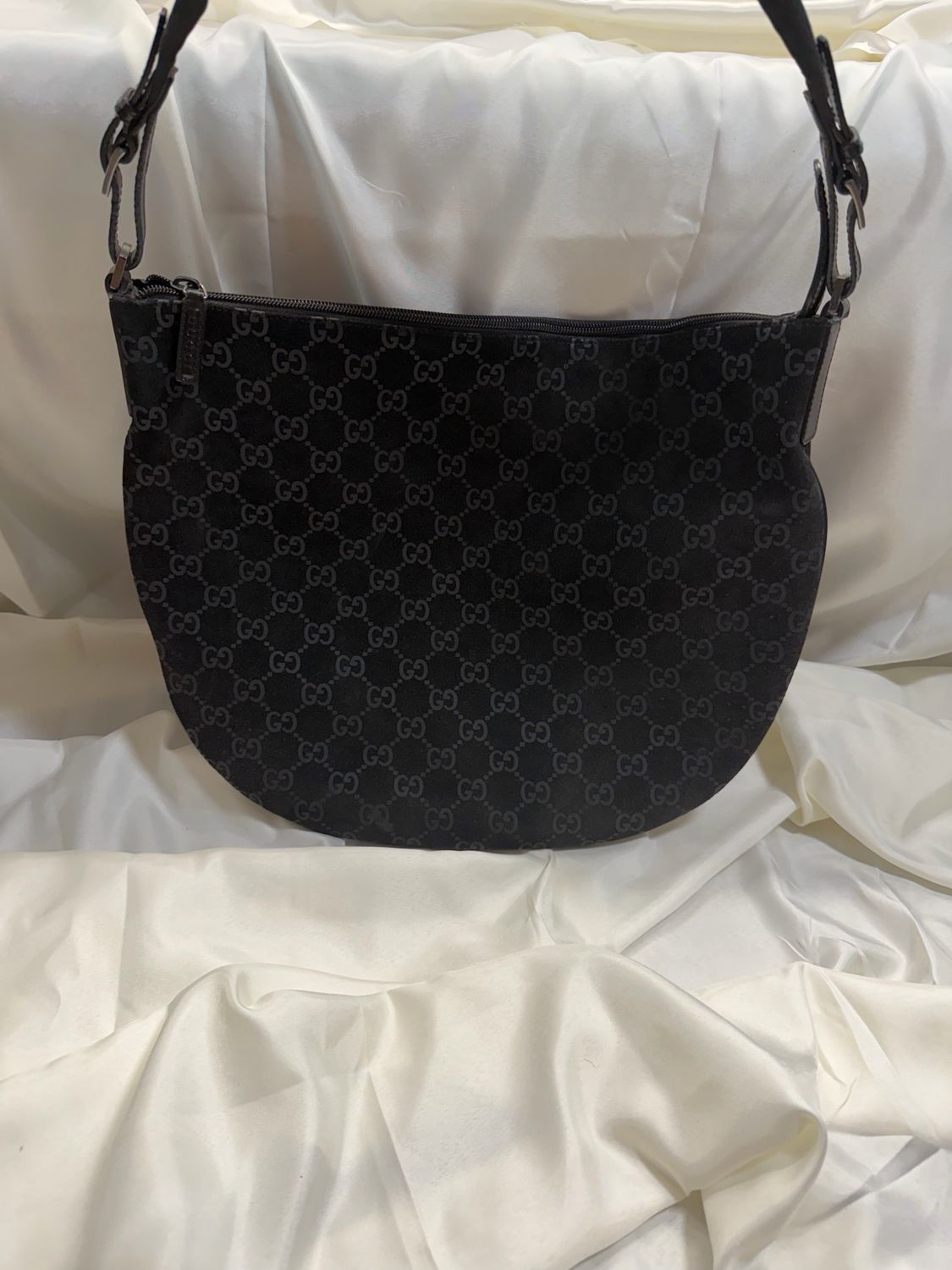 Gucci Monogram Suede Halfmoon Hobo Shoulder Bag in Black 